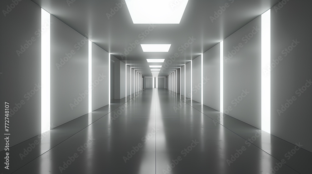 A long, empty hallway with white walls and a white ceiling. The walls are lined with white lights, creating a bright and sterile atmosphere