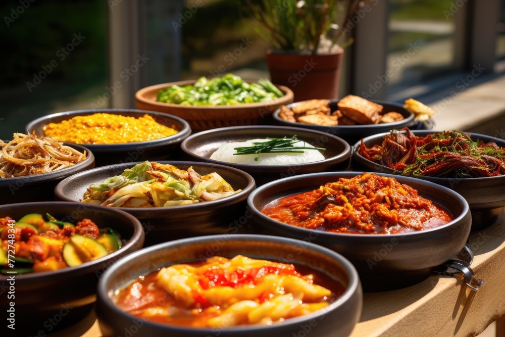 South Korean banchan dishes arranged on a Hanok village patio.