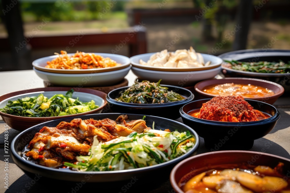 South Korean banchan dishes arranged on a Hanok village patio.