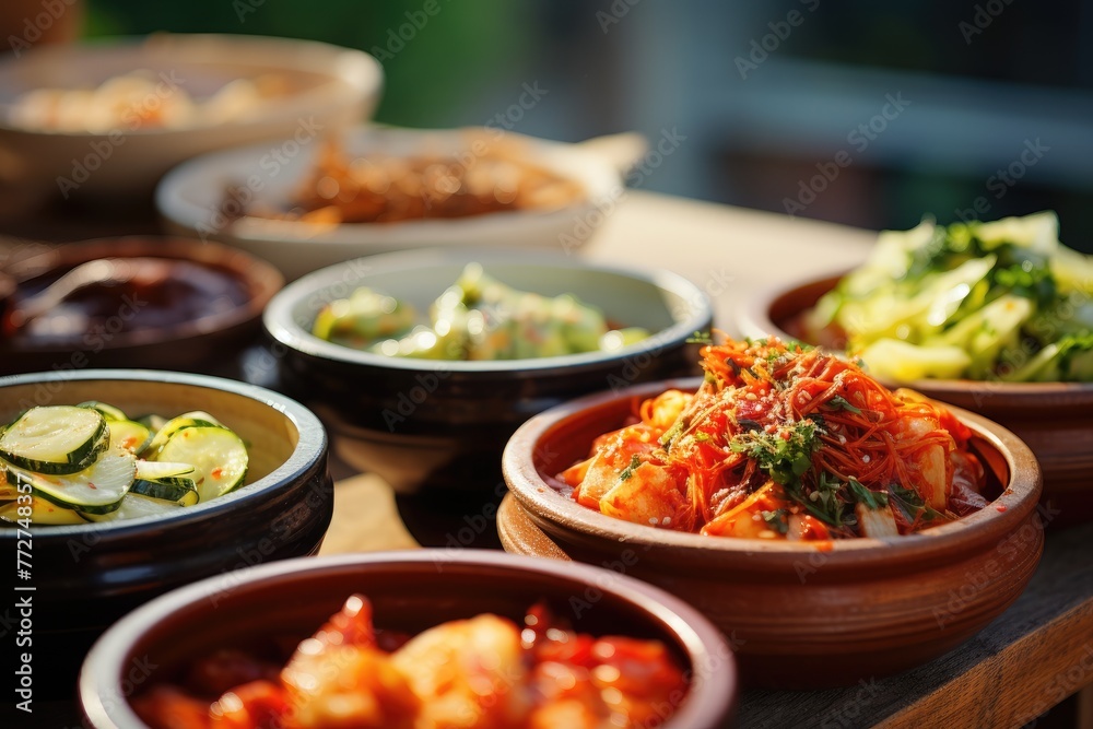 South Korean banchan dishes arranged on a Hanok village patio. South Korean banchan dishes arranged on a Hanok village patio.