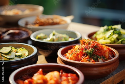 South Korean banchan dishes arranged on a Hanok village patio.