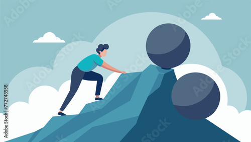 A person pushing two heavy boulders labeled with opposing beliefs up a steep hill representing the overwhelming burden and strain of trying to
