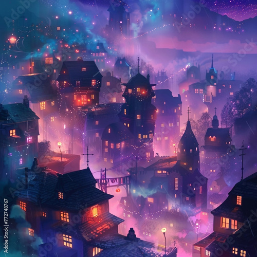Dark Holographic Quirky Town Background