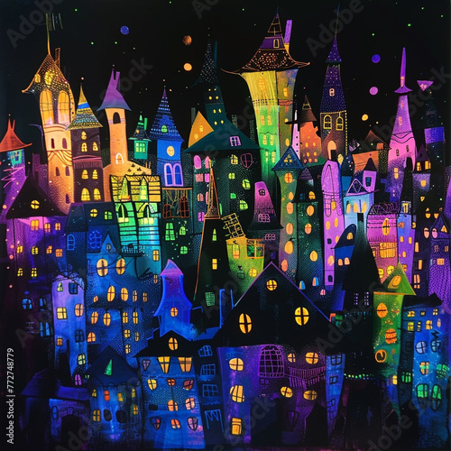 Dark Holographic Quirky Town Background