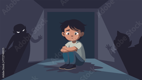 A drawing of a young child huddled in a dark corner surrounded by shadows and looking scared and alone representing the fear and insecurity