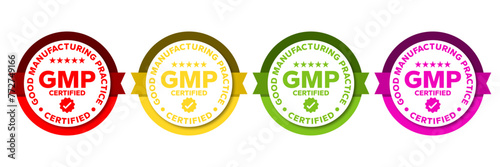 GMP Certified logo. Good Manufacturing Practice Certified Set Badge, Stamp, Icon, Seal, Label, Tag, Emblem For CBD Label Oil and Packaging Design. Vector Illustration