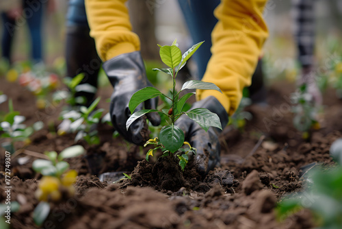Planting trees for a sustainable future in a community garden on Earth Day.