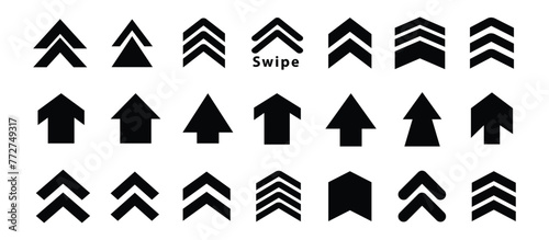 Set swipe up arrows icons. Different black arrows sign upwards. Scroll or swipe up. Graphic vector elements for web, applications, infographic, social media
