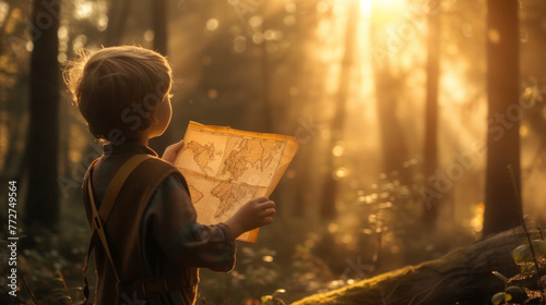 Young boy kid participating to a treasure hunt holding the treasure map