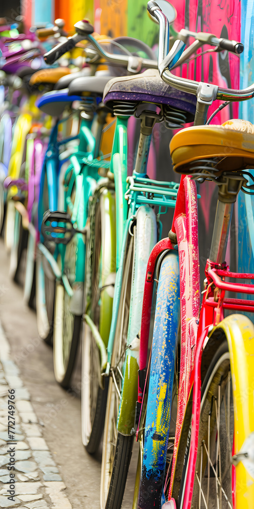 Bicicletas Coloridas Estacionadas em Fila