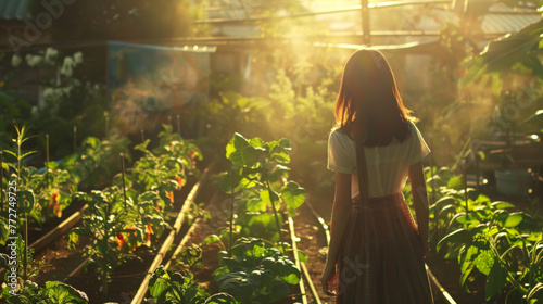 Young asian woman in her vegetable garden , enjoying the view of nature and growth of her own natural organic products in her backyard