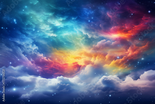 A beautiful picture of rainbow-colored clouds shining.