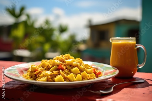 Jamaican ackee and saltfish with a backdrop of a colorful Kingston neighborhood. photo