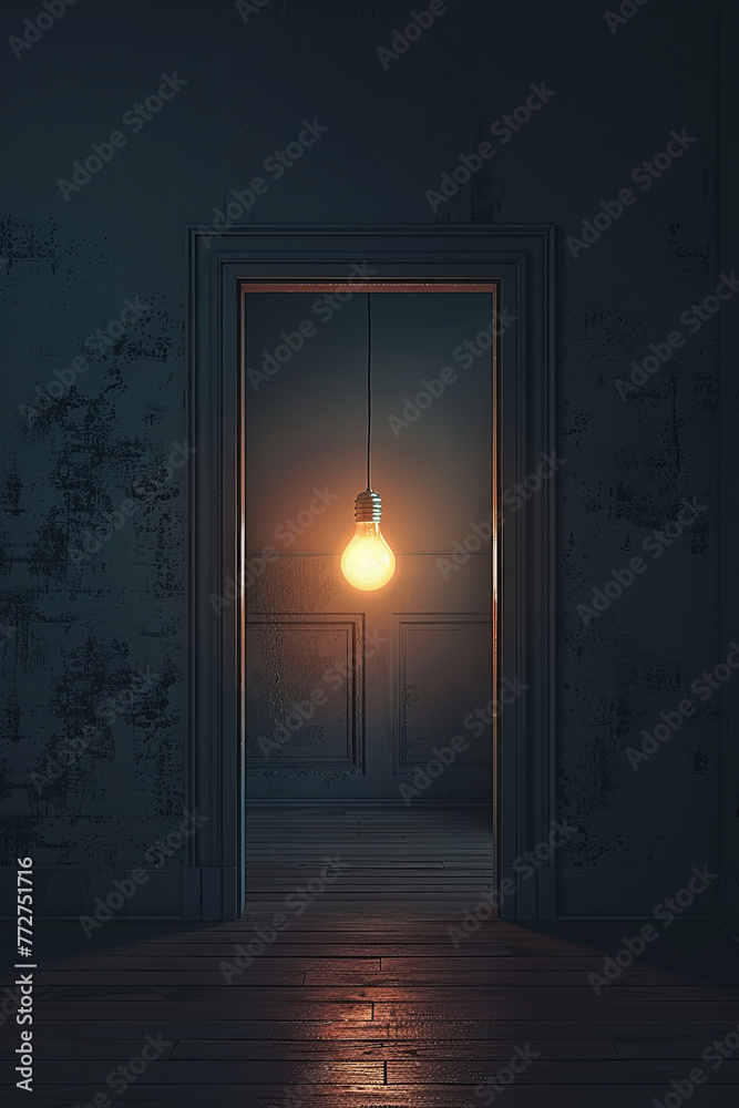 A glowing lightbulb behind a door in an empty room A glowing lightbulb behind a door in an empty room
