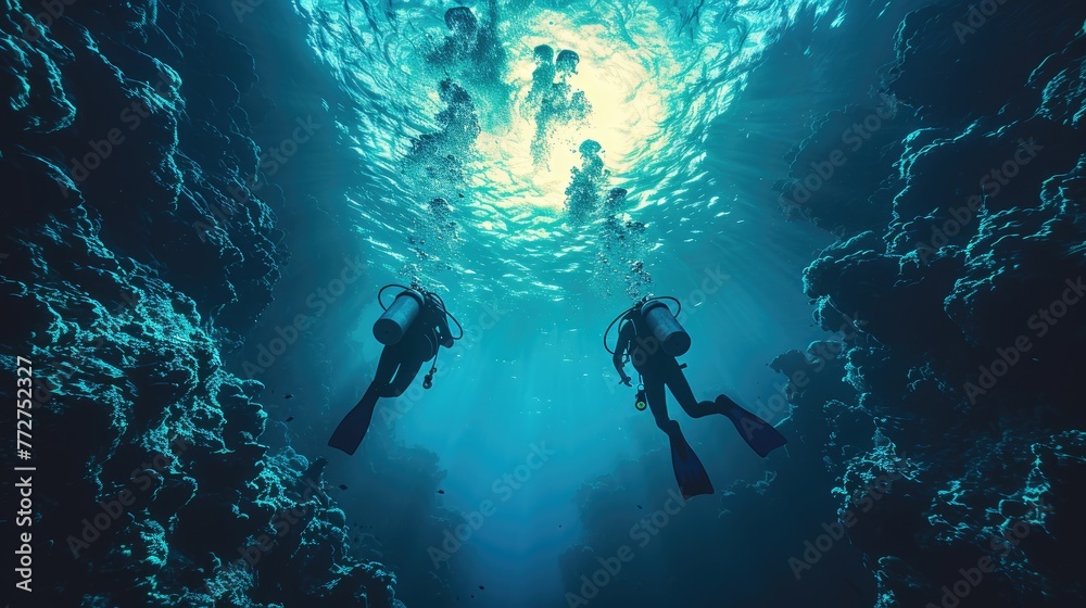 Dive instructors teaching scuba diving classes, exploration and teaching - obrazy, fototapety, plakaty 