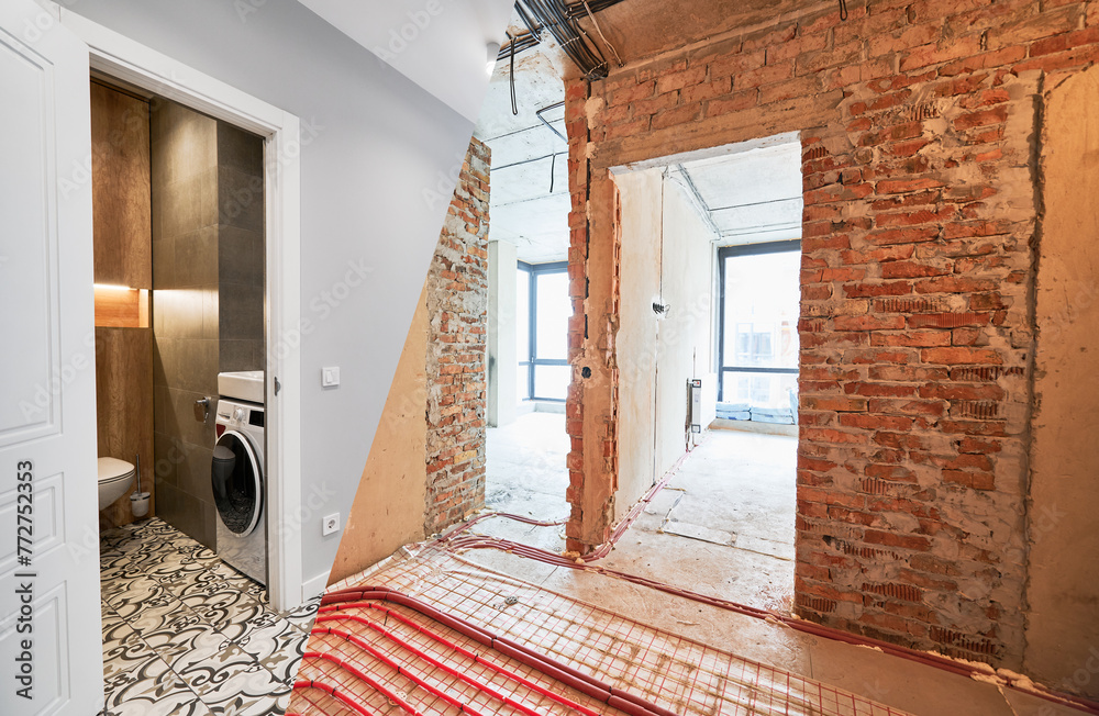 Image showcasing Comparison of old apartment before restoration and new renovated flat with modern interior ...