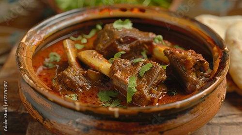 A flavorful bowl of paya, showcasing slow-cooked trotters or beef shanks simmered in a spicy broth with aromatic spices, served with naan or tandoori roti. photo