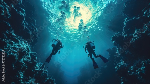 Dive instructors teaching scuba diving classes, exploration and teaching © Gefo