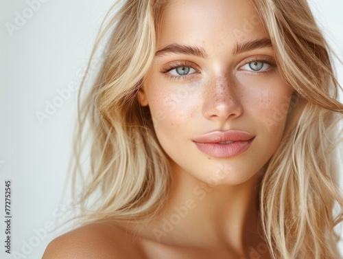 Beautiful blonde woman with long hair, radiant perfect skin, beauty industry, beauty and health.