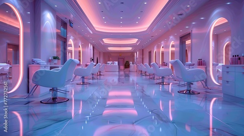 High-end hair salon, stylish interior, clients receiving luxurious treatments