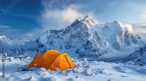 High-altitude mountaineering expedition basecamp, challenging peaks, teamwork