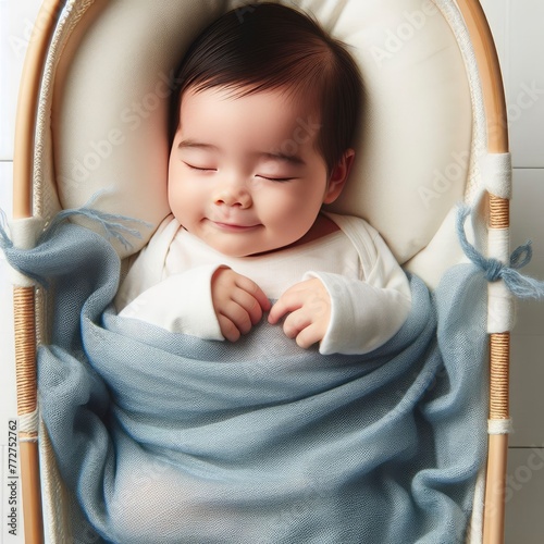 happy sleeping baby in a cradle