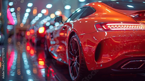 Luxury car dealership  elegant showroom  high-end vehicles and professional salesperson