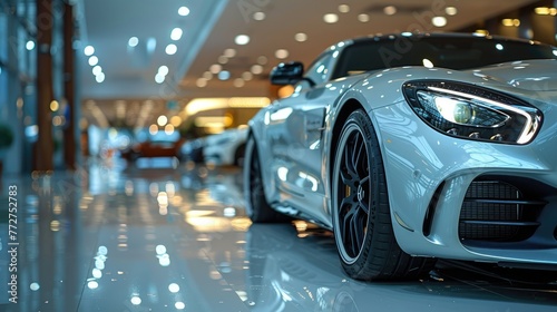 Luxury car dealership, elegant showroom, high-end vehicles and professional salesperson © Gefo