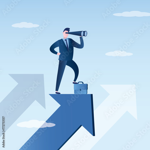 Businessman climb up rising arrow with big binoculars. Earnings forecast concept. Business opportunity or investment and market prediction.
