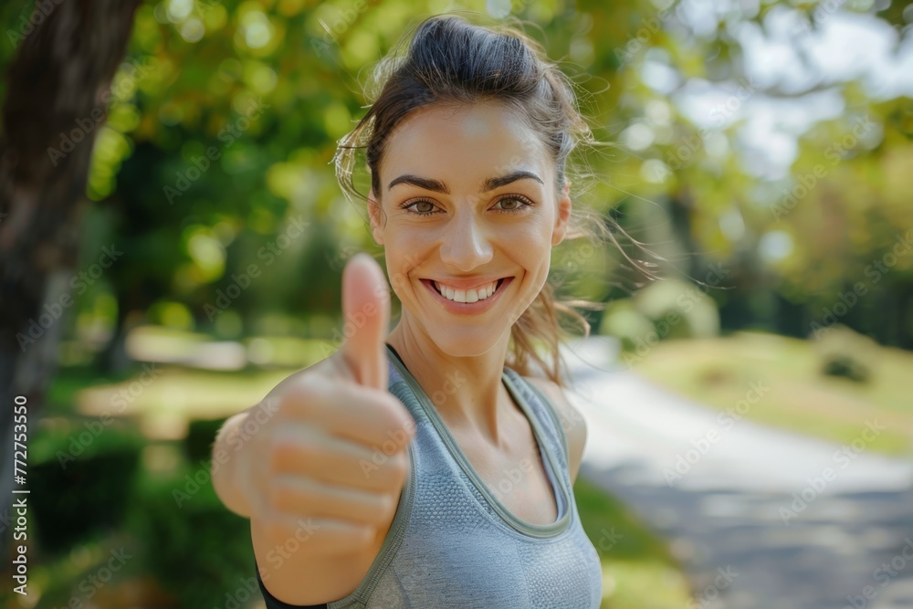 A young woman runner smiling, giving a thumbs-up gesture, outdoors in a park, embodying a healthy and athletic lifestyle A young woman runner smiling, giving a thumbs-up gesture, outdoors in a park, embodying a healthy and athletic lifestyle