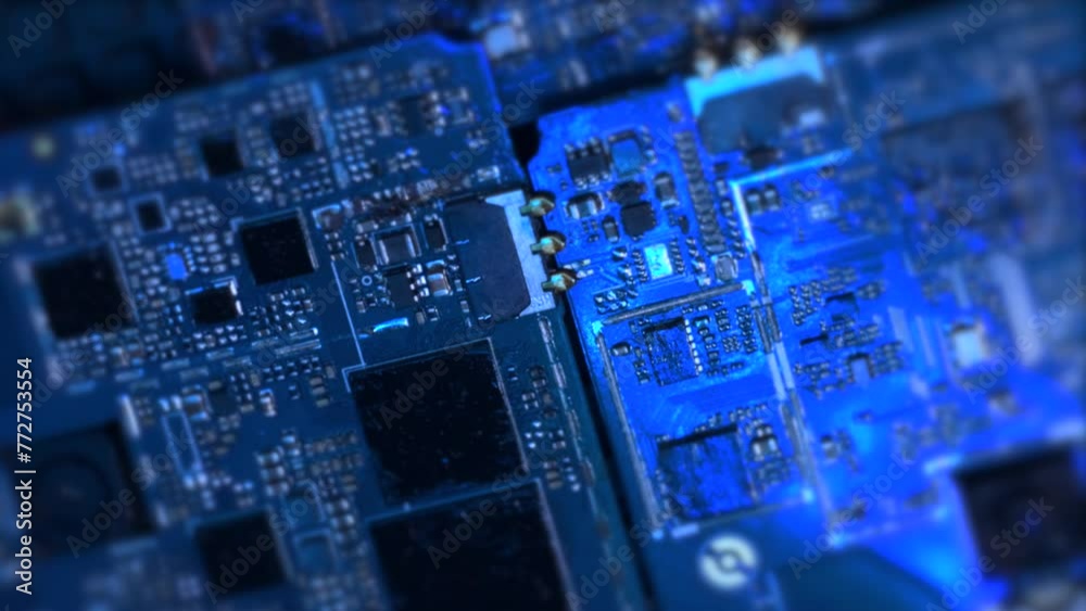 Microchips surface macro close-up with blue neon light, developing nanotechnology and components for computers.