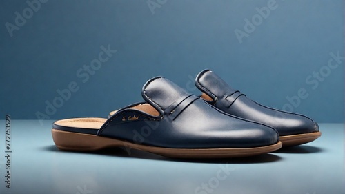 pair of black shoes with isolated blue background.