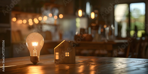 A light bulb and a house on a wooden base with a house on the top, a glowing light bulb beside a small wooden house model on a table..