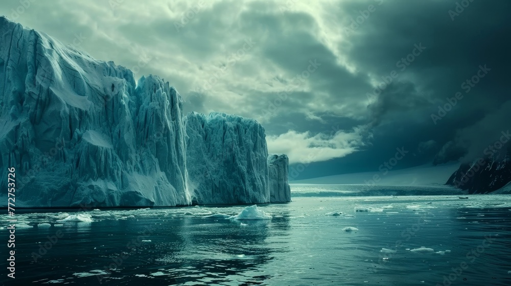 Disappearing polar realms: Ice to water, nature's alarming transformation in silent blue hues - obrazy, fototapety, plakaty 