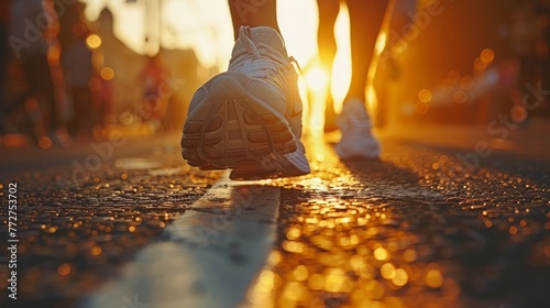 Marathon running race, people feet on city road at beautiful summer sunset