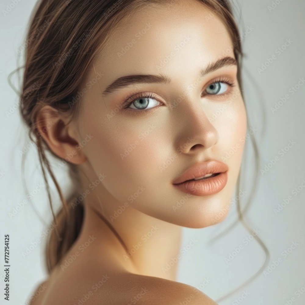 Naklejka premium Beautiful blonde woman with long hair, radiant perfect skin, beauty industry, beauty and health.