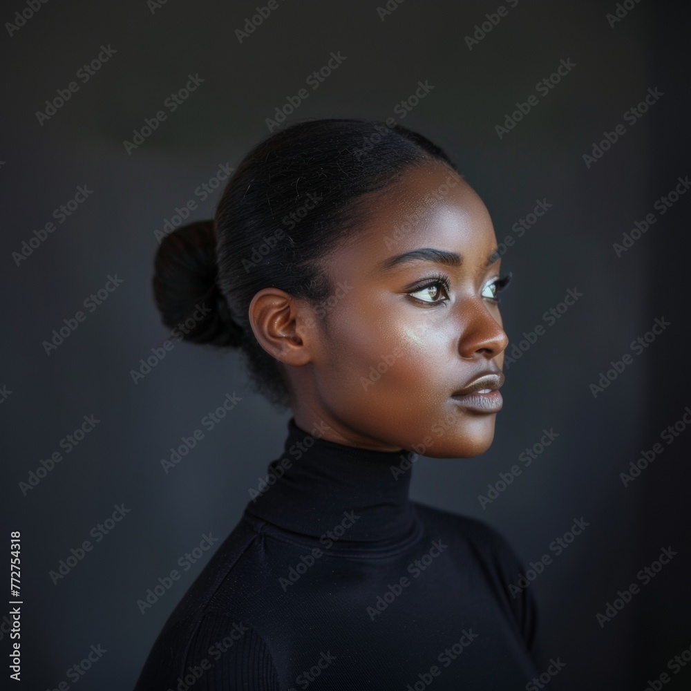 Portrait of an African American woman wearing a black turtleneck. Fashion and beauty. Portrait of an African American woman wearing a black turtleneck. Fashion and beauty.