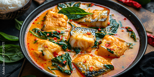 Red curry with spinach coconut milk and baked fish in a bowl A Taste of Thailand  Red Curry Coconut Spinach Fish Bowl