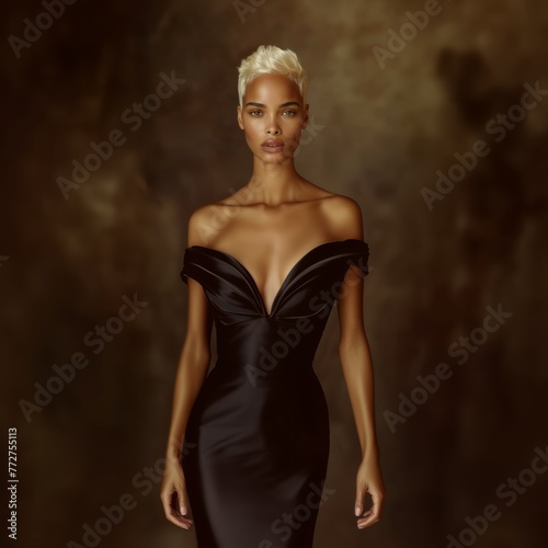 Woman with a short fashionable hairstyle in an evening dress. Fashion and beauty.