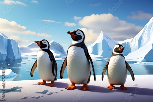 penguins family on iceberg in the blue sky