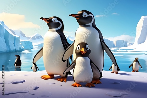 penguins family on iceberg in the blue sky