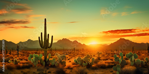 A desert landscape with cactus rugged solitude heatwave Southwest sunset background 
