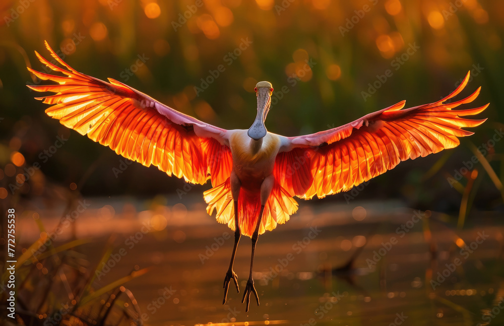 Fototapeta premium An orange and pink roseate spoonbill in flight