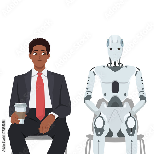AI robot sits among young frustrated job seeker losing jobs due to innovative technologies and robotization of production. Flat vector illustration isolated on white background
