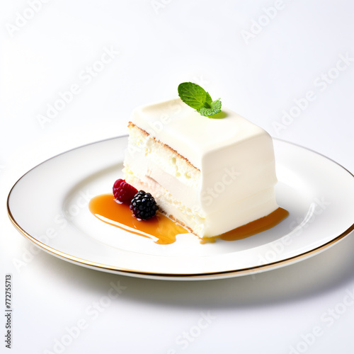 cheesecake with fresh berries and caramel syrup on a white background