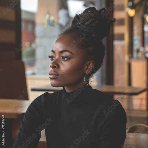 Portrait of an African American woman wearing a black turtleneck. Fashion and beauty.