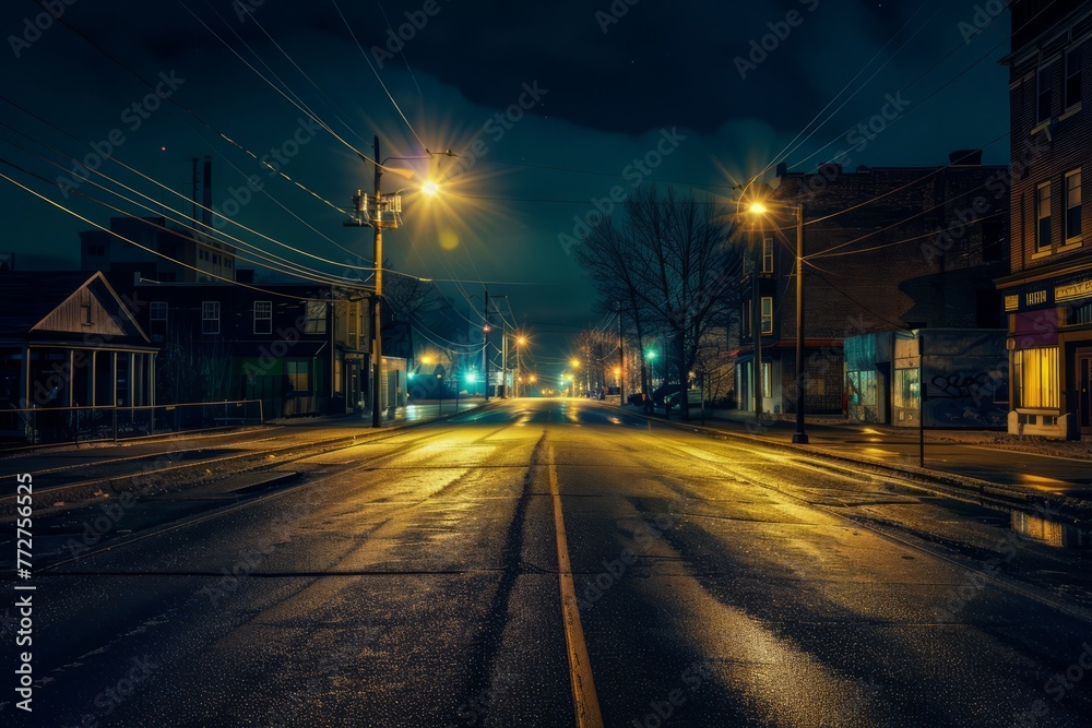 A deserted city at night, illuminated only by the soft glow of streetlights and the faint twinkle of stars in the darkened sky, evoking a sense of eerie tranquility, Generative AI