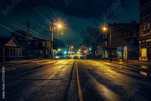 A deserted city at night, illuminated only by the soft glow of streetlights and the faint twinkle of stars in the darkened sky, evoking a sense of eerie tranquility, Generative AI