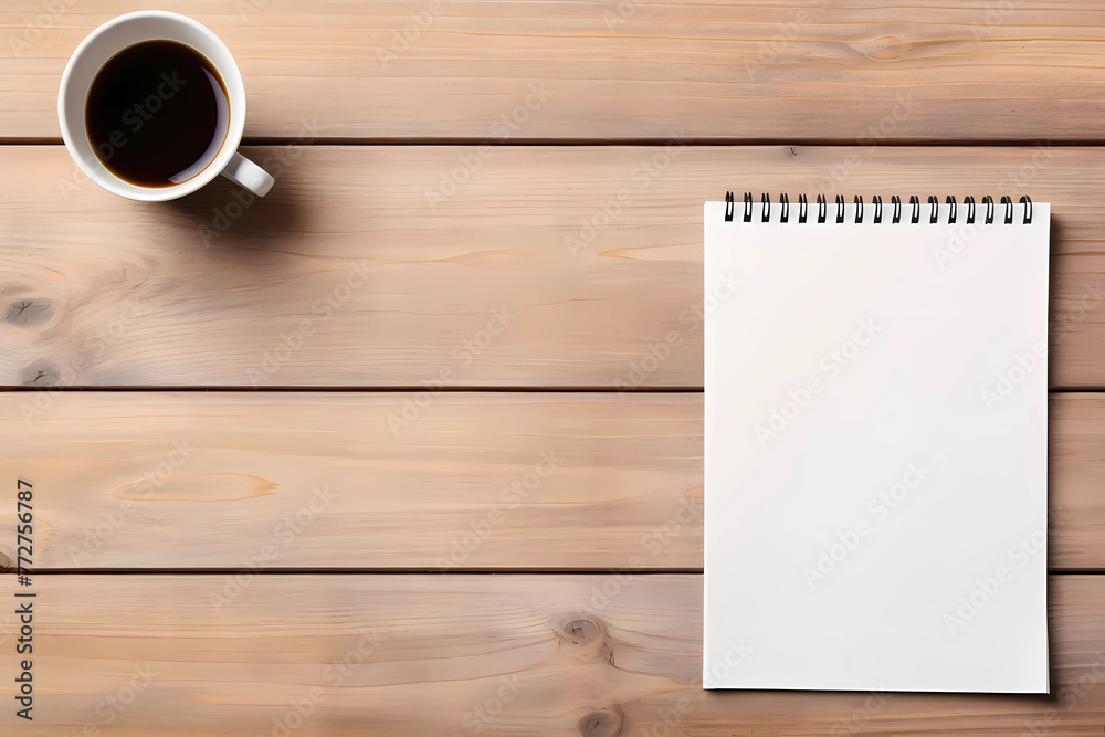 A blank white spiral notebook on top of an empty wooden table with coffee, flat lay photography, top view, high resolution A blank white spiral notebook on top of an empty wooden table with coffee, flat lay photography, top view, high resolution