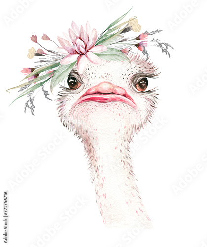 A trendy poster with a ostrich. Watercolor cartoon ostrich savanna animal illustration. Jungle savannah tropical exotic summer print